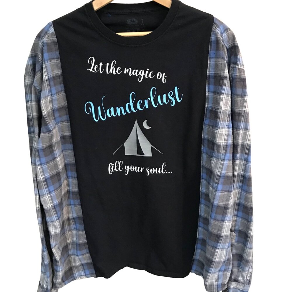 Reworked Flannel Shirt, Upcycled Oversized Wanderlust Travel Graphics, Size L-XL
